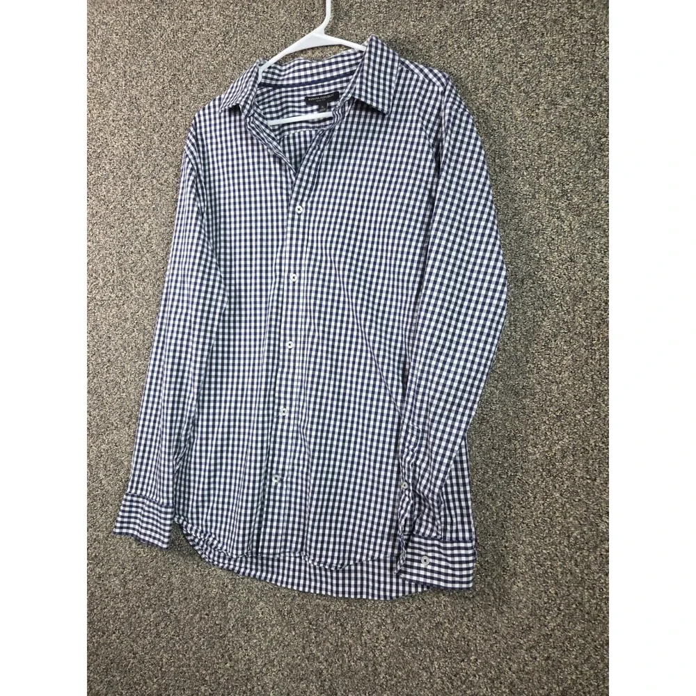 Banana Republic Button Up Mens XL Blue Gingham Slim Fit Stretch Long Sleeve